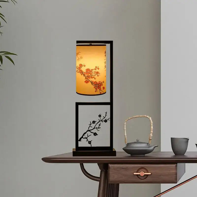 Decorbites™ ancient plum chinese style floor lamp with black frame orange-gold floral shade and white ink panel