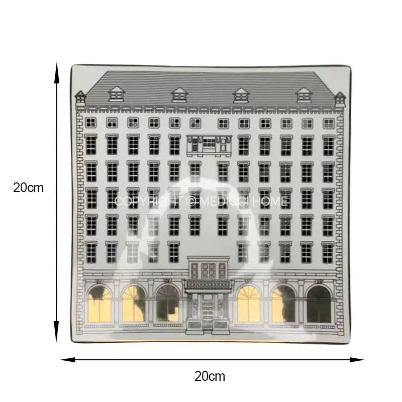 Square ceramic plate with black and gold detailed illustration of ornate ancient roman architecture for incense candlestick
