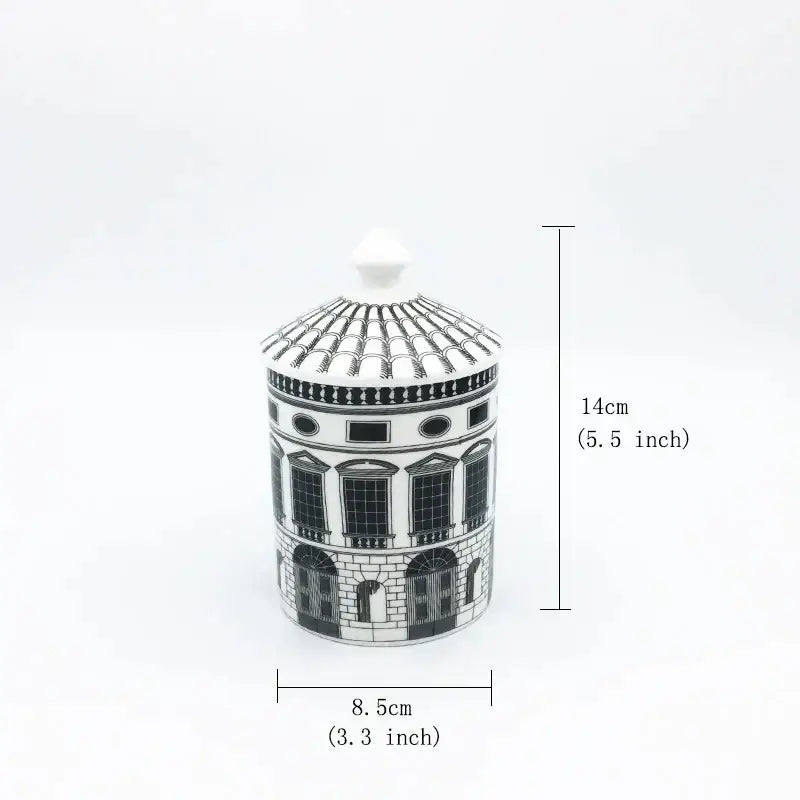 Decorbites™ ancient roman architecture ceramic incense candlestick in black and white shaped like detailed european building