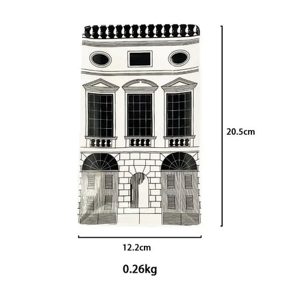 A sleek rectangular ceramic incense candlestick with a black and white illustration of ancient roman architecture facade