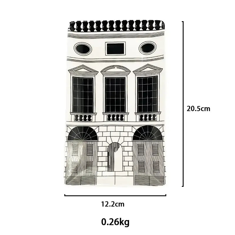 A sleek rectangular ceramic incense candlestick with a black and white illustration of ancient roman architecture facade