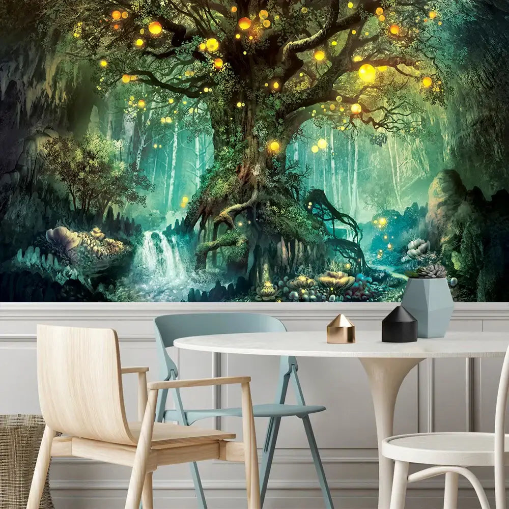 A sleek gray ceramic vase with a modern minimalist design beside a DecorBites™ ancient trees tapestry wall hanging