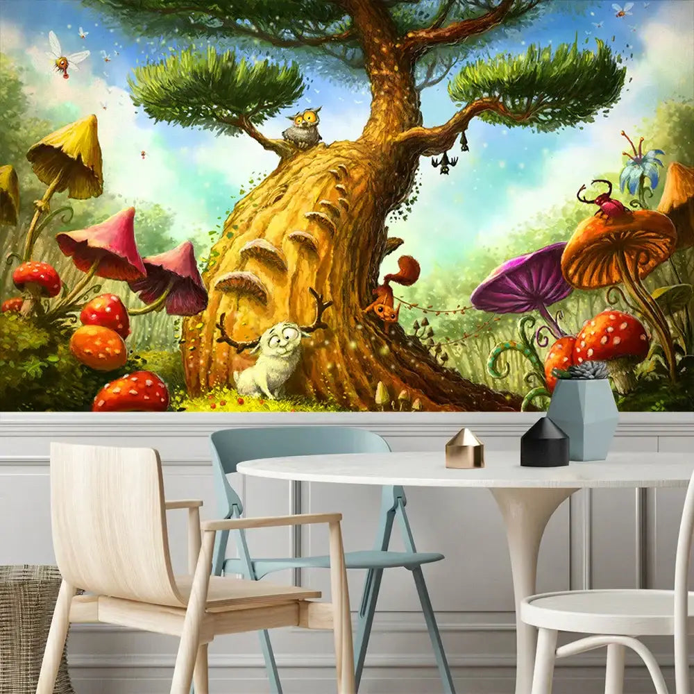 Decorbites ancient trees tapestry featuring a psychedelic 3d print of a giant tree with colorful mushrooms and an owl