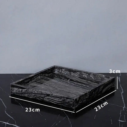 Black marble tray with sleek rectangular design and subtle veining in decorbites ancient wood grain marble bathroom set