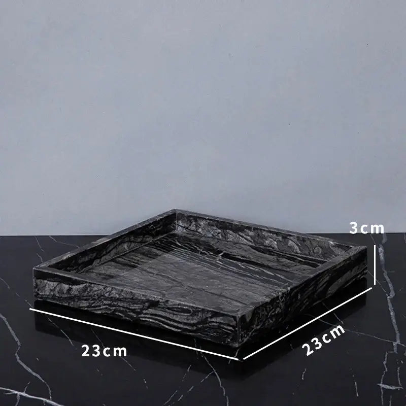 Black marble tray with sleek rectangular design and subtle veining in decorbites ancient wood grain marble bathroom set