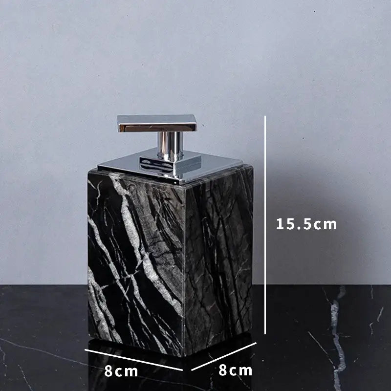 Black marble soap dispenser with sleek chrome pump from decorbites™ ancient wood grain marble bathroom set with luxury accessories