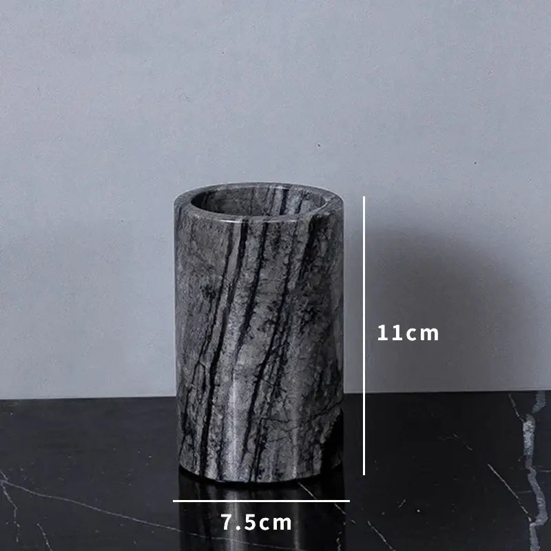 DecorBites™ ancient wood grain dark gray marble pen holder with black veining, 11cm tall cylindrical design