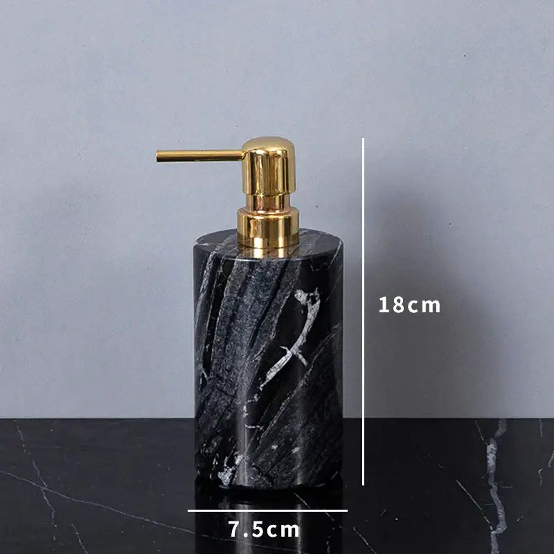 Black marble soap dispenser with gold-tone pump from decorbites ancient wood grain marble bathroom set
