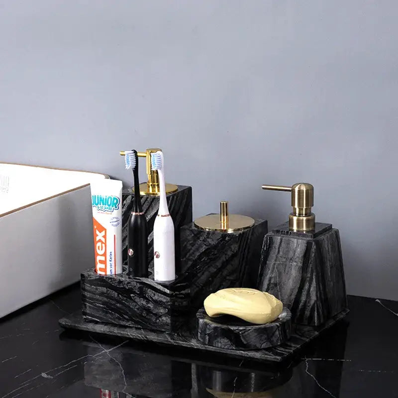 DecorBites™ ancient wood grain black marble bathroom set with luxury gold-toned wood grain accessories