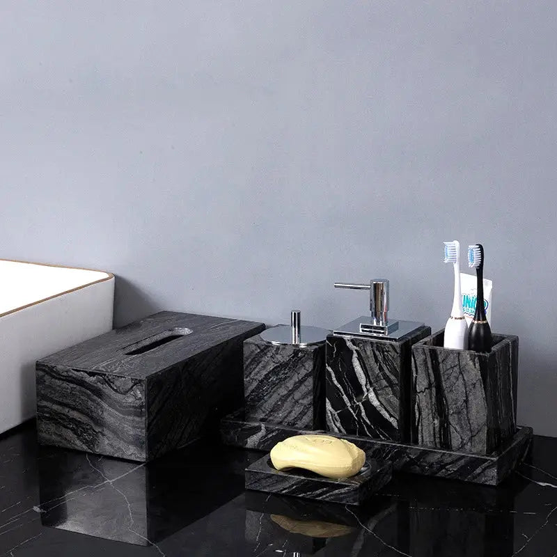 Decorbites™ ancient wood grain marble bathroom set featuring black marble accessories with sleek polished finish