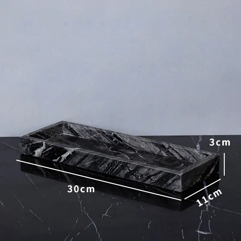 Black marble rectangular tray with polished surface and subtle white veining from decorbites ancient wood grain set