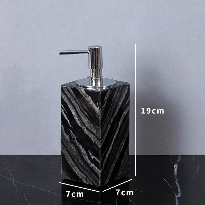 Black marble soap dispenser with sleek silver pump from DecorBites™ ancient wood grain bathroom set with luxury accessories