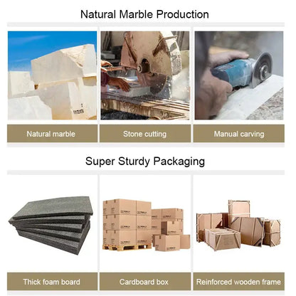 Collage showing natural marble production and super sturdy packaging of decorbites ancient wood grain marble bathroom set