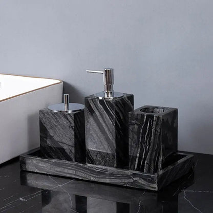DecorBites™ ancient wood grain black marble bathroom set with sleek silver-tone pump and lid accents luxury accessories