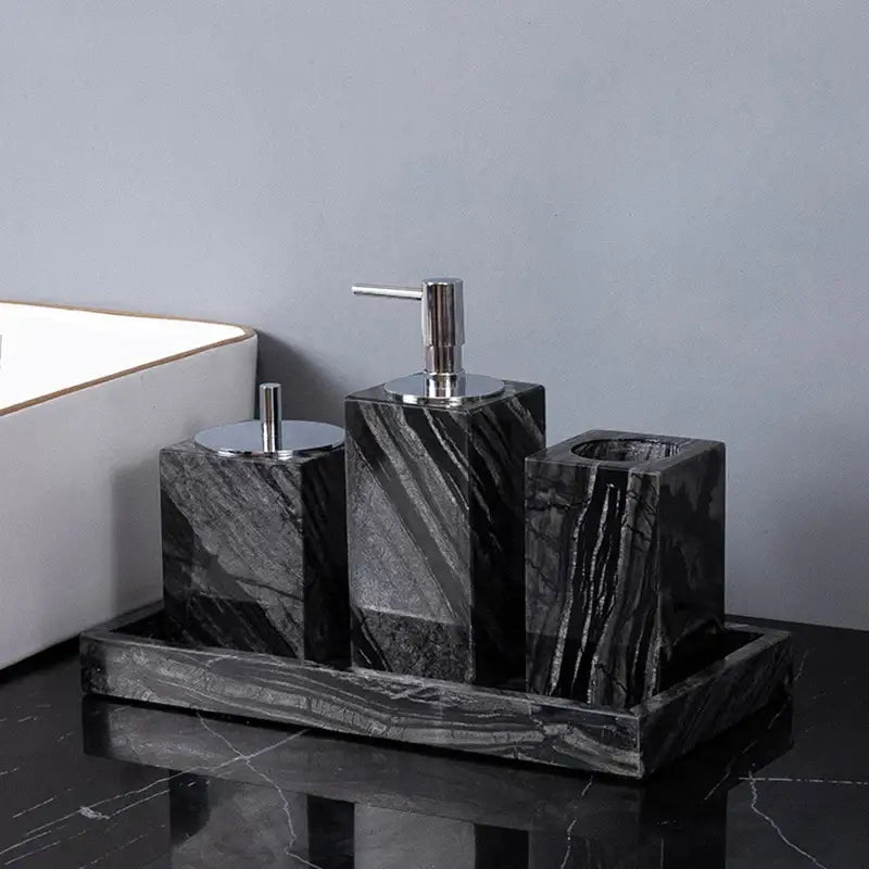 DecorBites™ ancient wood grain black marble bathroom set with sleek silver-tone pump and lid accents luxury accessories