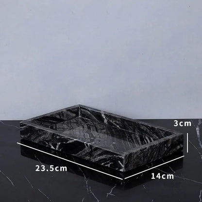 Black marble rectangular tray with glossy finish and natural ancient wood grain veining in decorbites™ bathroom set