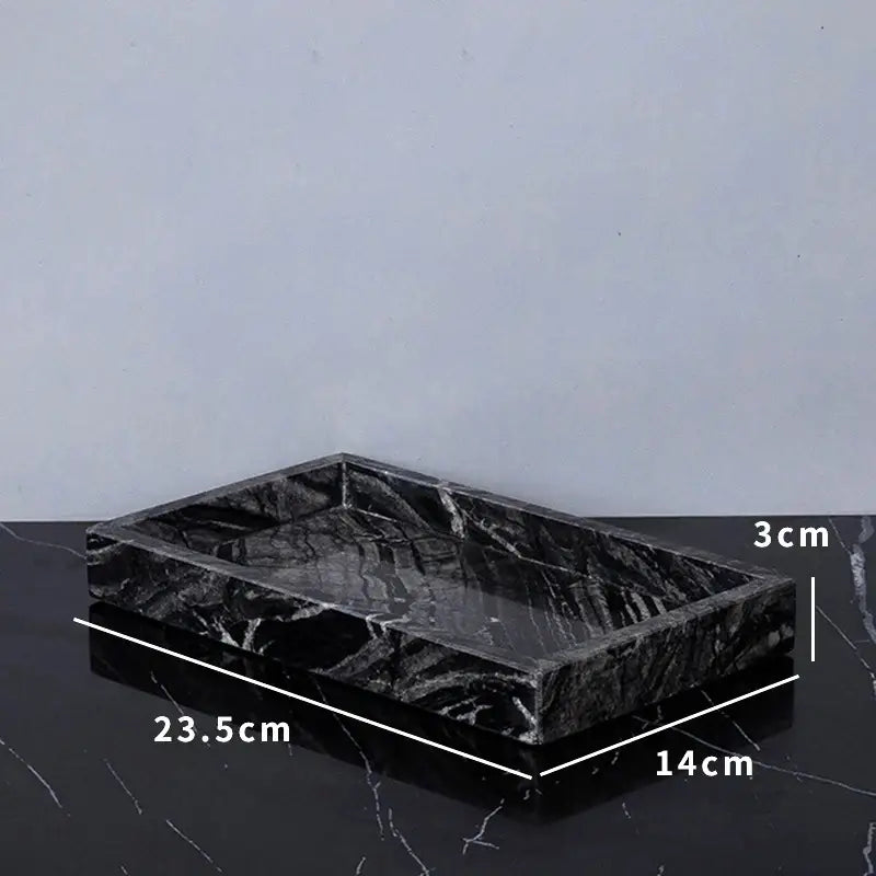 Black marble rectangular tray with glossy finish and natural ancient wood grain veining in decorbites™ bathroom set