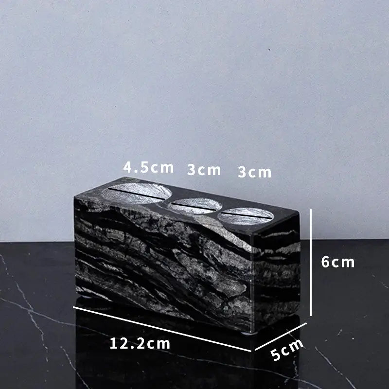 Decorbites ancient wood grain black marble tissue box with three silver-toned circular cutouts for luxury bathroom use