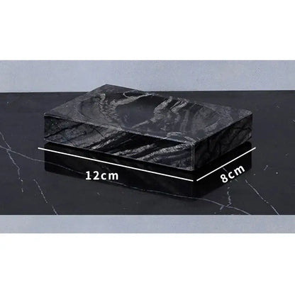 Black rectangular stone soap dish with swirling gray veining from decorbites ancient wood grain marble bathroom set