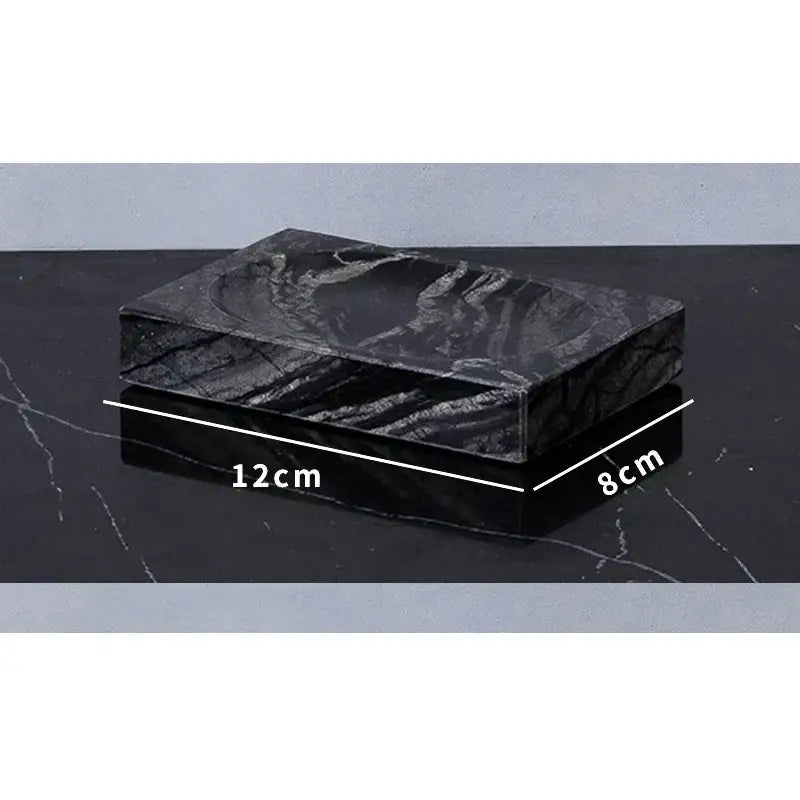 Black rectangular stone soap dish with swirling gray veining from decorbites ancient wood grain marble bathroom set