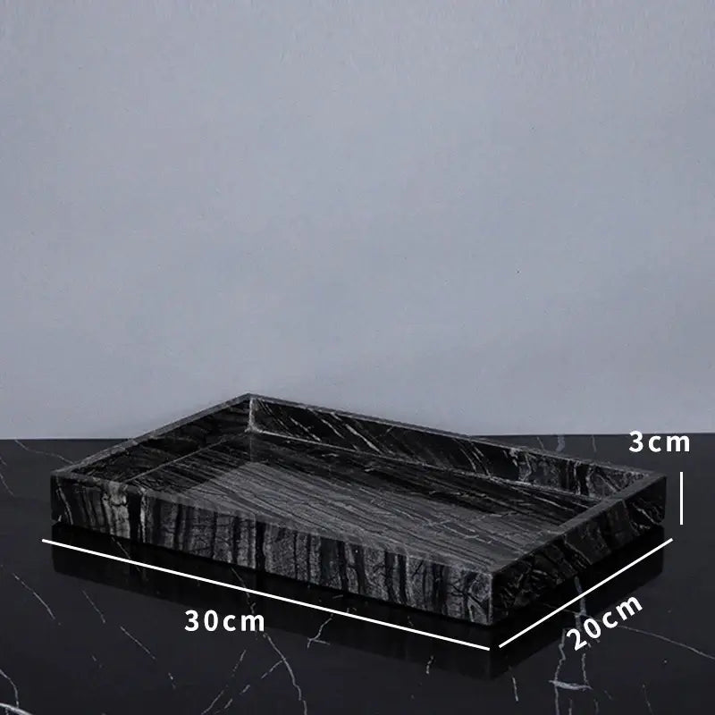 Black marble tray with polished surface and ancient wood grain veining in decorbites ancient wood grain bathroom set