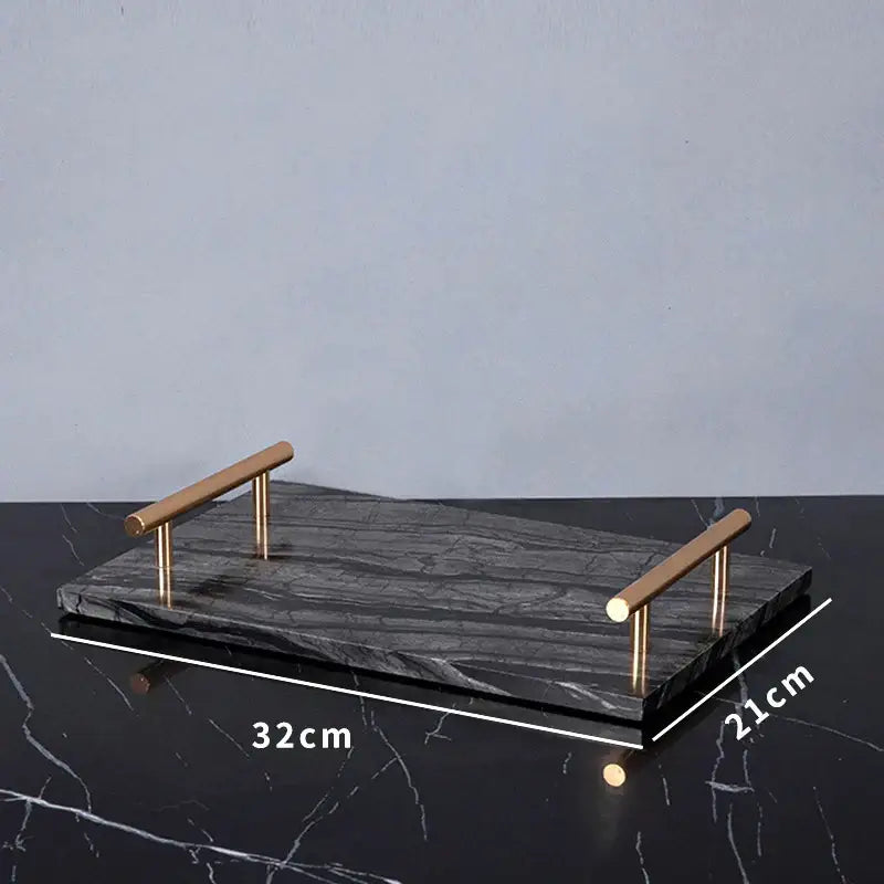 Black marble serving tray with gold-toned handles from DecorBites™ ancient wood grain luxury bathroom set