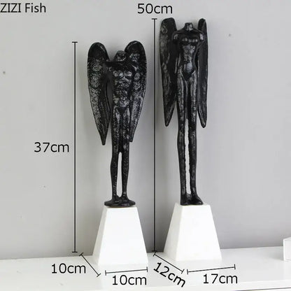 DecorBites™ black cast iron angel abstract figures sculpture with detailed wings on white pedestals for home decor
