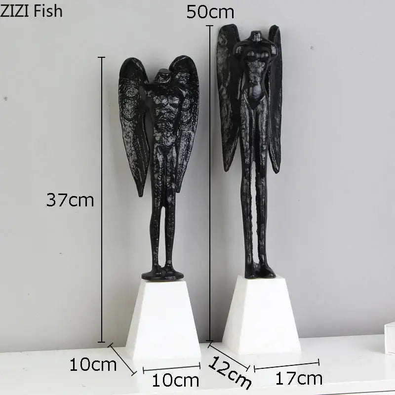 DecorBites™ black cast iron angel abstract figures sculpture with detailed wings on white pedestals for home decor