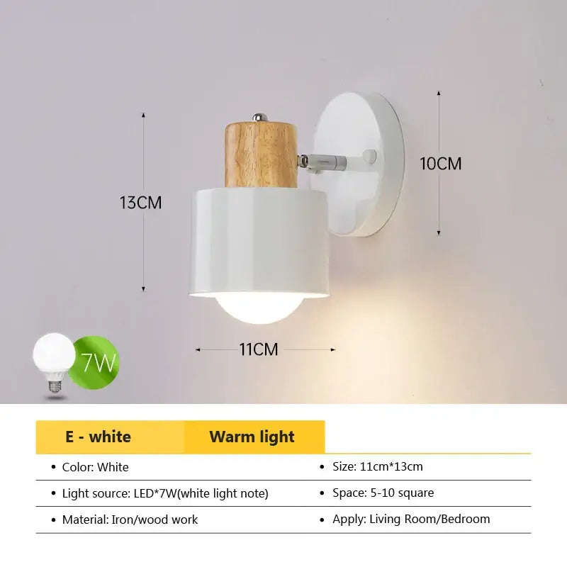 White decorbites™ angel adjustable led wall sconce with cylindrical shade, wooden top cap, and iron mounting plate