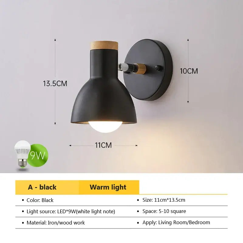 Decorbites angel adjustable led wall sconce light in black iron and wood with warm led for bedroom living room