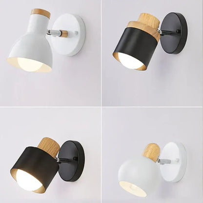 Decorbites angel adjustable led wall sconce with matte black or white cylindrical shade and natural wood accent for living room