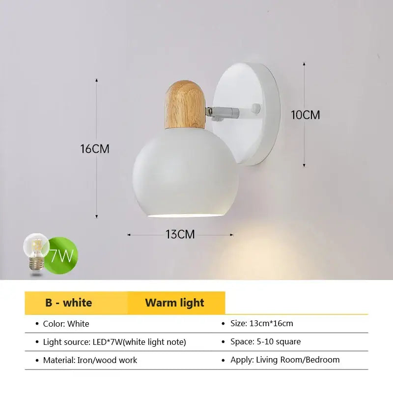 DecorBites angel adjustable led wall sconce with frosted glass globe, natural wood top, and iron bracket for living room