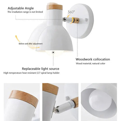 DecorBites Angel adjustable led wall sconce light in white with matte finish and natural wood accents for bedroom use