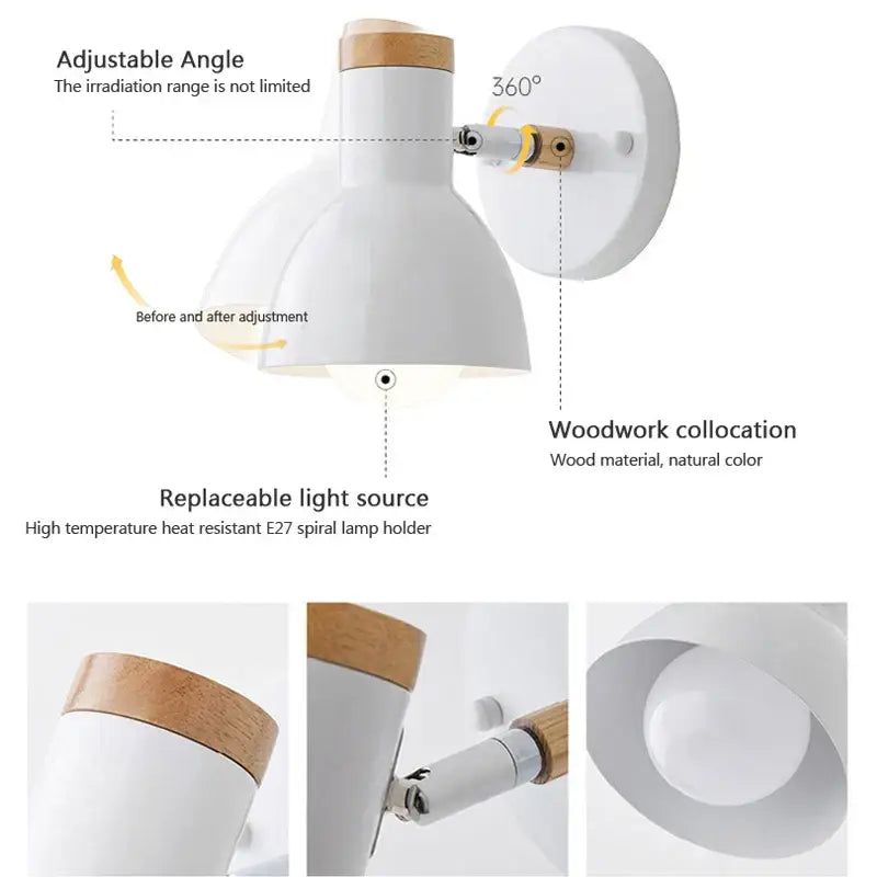 DecorBites Angel adjustable led wall sconce light in white with matte finish and natural wood accents for bedroom use