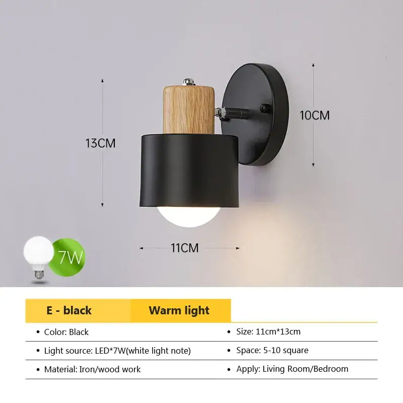 Black iron and wood DecorBites angel adjustable led wall sconce with warm led light for bedroom living room