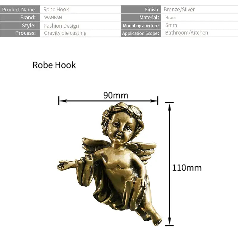 Bronze-finished angel brass towel hook with detailed wings and flowing robes for bathroom and garage wall mounting