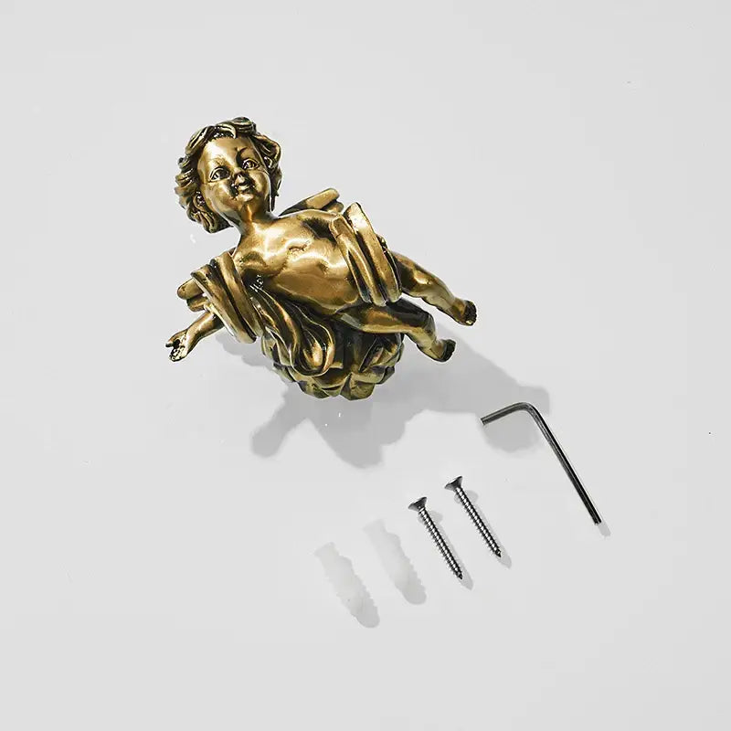 Golden angel brass towel hook with detailed curly hair and draped fabric crafted from metal for bathroom or garage wall mounted use