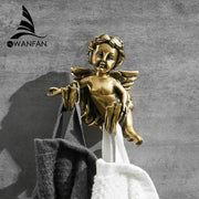 Golden angel brass towel hook with detailed wings and curly hair in metallic finish for bathroom or garage wall mounted use