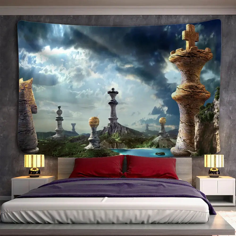 Decorbites™ angel devil hell witchcraft tapestry with oversized stone chess pieces under a stormy sky for halloween dorm decor