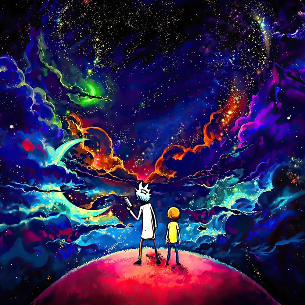 Decorbites™ angel devil hell witchcraft psychedelic dorm tapestry featuring rick and morty on a red planet under a cosmic sky