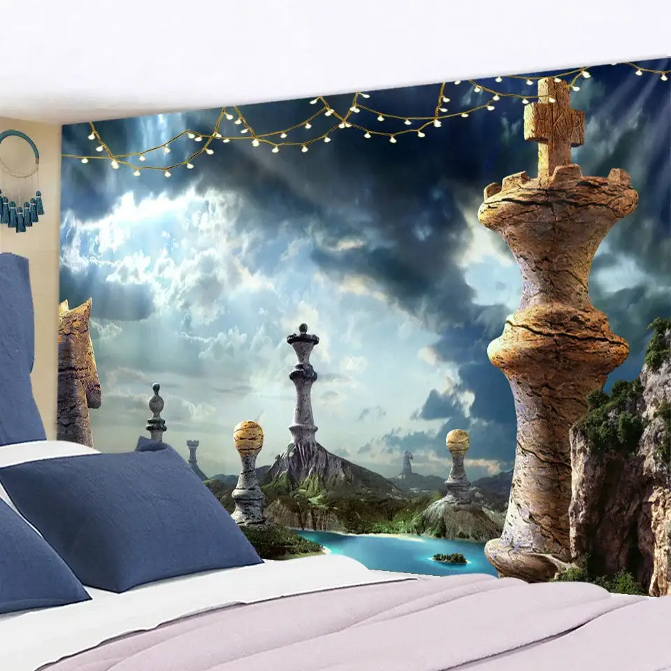 Decorbites™ angel devil hell witchcraft tapestry with oversized textured chess pieces and glowing blue river design