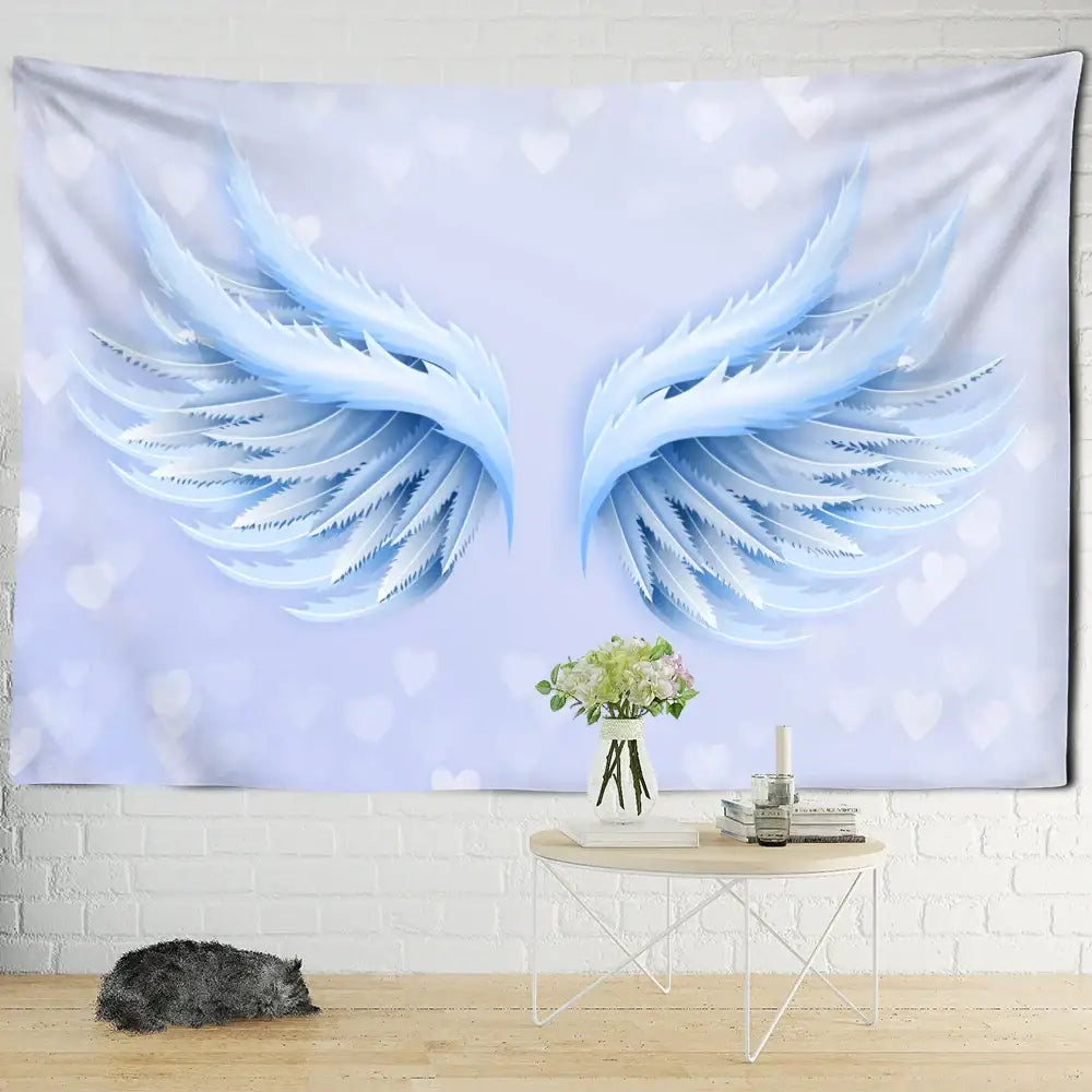 A soft lavender decorbites™ tapestry featuring detailed light blue angel wings with white hearts for devil hell witchcraft decor