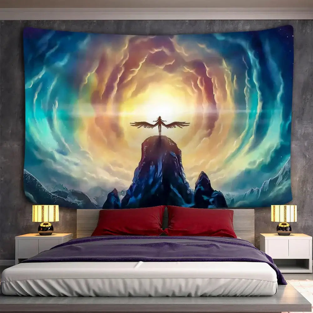 Decorbites™ angel devil hell psychedelic tapestry with silhouetted winged figure atop mountain in vibrant aurora colors