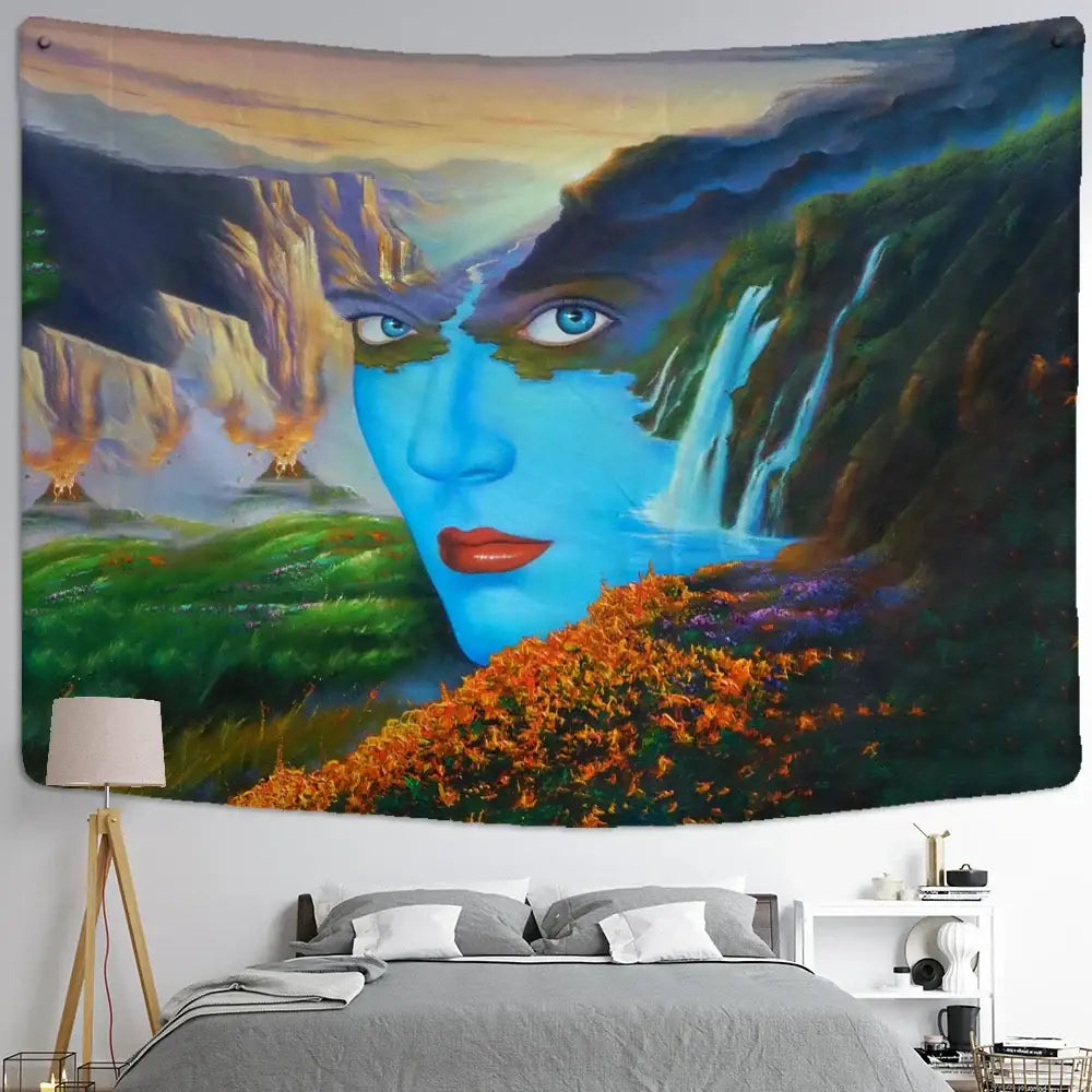 Vibrant DecorBites™ tapestry with a blue-faced woman blending into green mountains and fiery landscapes for devil hell witchcraft decor