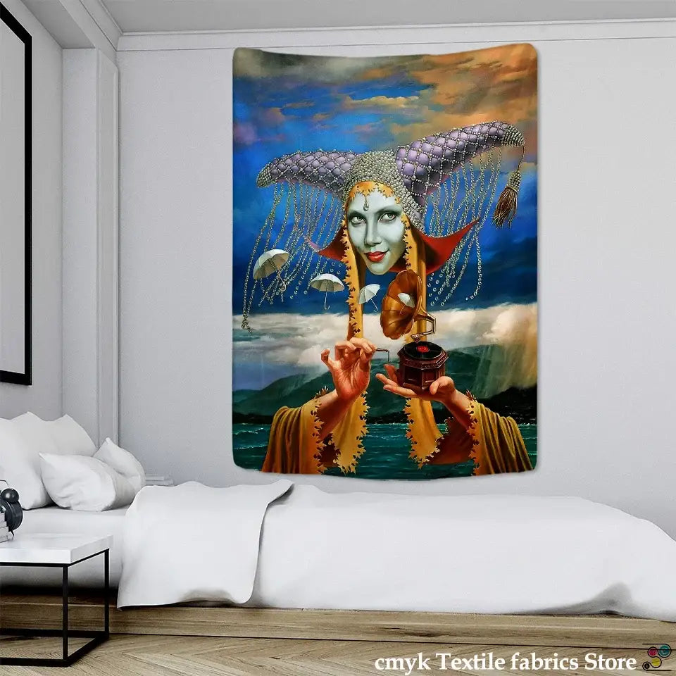 Vibrant DecorBites™ angel devil hell witchcraft tapestry features a woman in jewel-encrusted headdress with antique gramophone