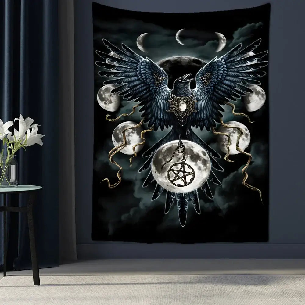 Black tapestry featuring a detailed crow with outstretched wings surrounded by moons and golden accents for devil hell witchcraft decor
