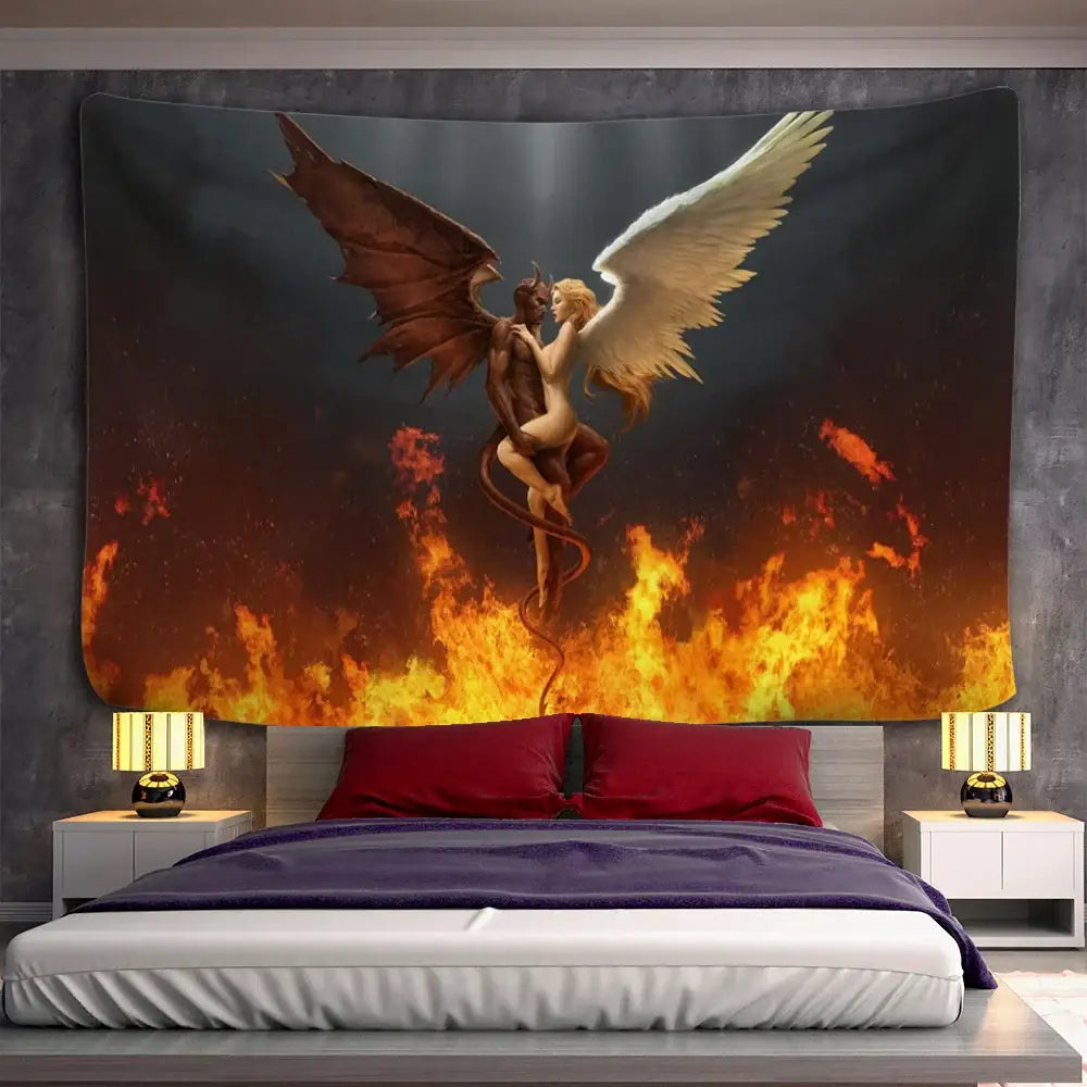 DecorBites™ angel devil hell tapestry featuring winged angel and demon embracing above flames on dark fabric