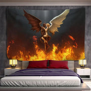 DecorBites™ angel devil hell tapestry featuring winged angel and demon embracing above flames on dark fabric