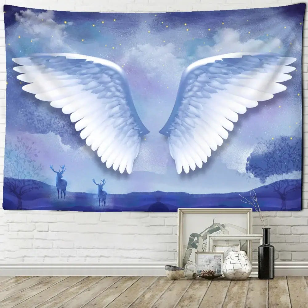 Decorbites angel devil hell tapestry with white angel wings on blue purple sky for witchcraft halloween dorm decor