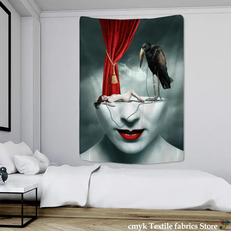 Decorbites™ surreal tapestry with a woman face, red lips, black bird on nose, and devil hell witchcraft theme for halloween dorm